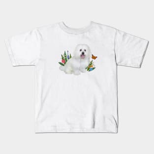 A Bolognese Dog Sitting in Soft Grass with Flowers Kids T-Shirt